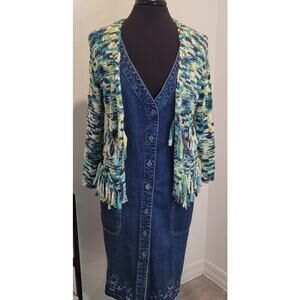 Ruby Rd Womens Open Front Fringe Cardigan Petite Small Teal White Yellow EUC